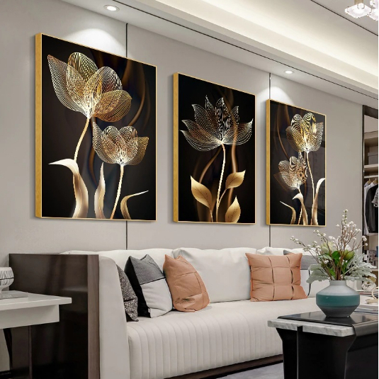 Quadros Decorativos 3 Peças Trio Flor Dourada Preta Vintage Abstrato Escritório Floral Sala
