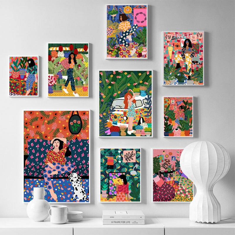 Abstrato Moda Vintage Menina Planta Cão Nórdico Cartazes E Cópias Da Arte Da Parede Da Lona Pintura Retratos Da Parede Para Sala De Estar Decoração