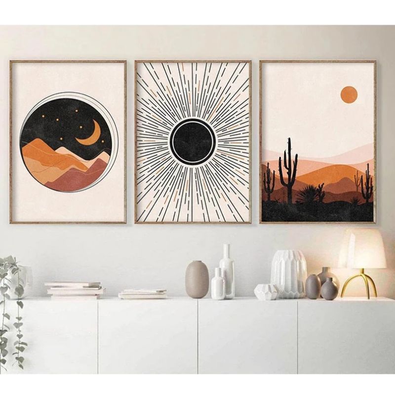 Quadro decorativo 3 peças 120x60 vintage abstrato sol e lua arcos de chuva artístico geométrica