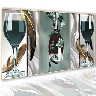 Kit Quadros Decorativos Mosaico 3 Peças Vinhedo Trio Abstrato Modular Personaliza Luxo Dourado Copa Cozinha Vintage Flor