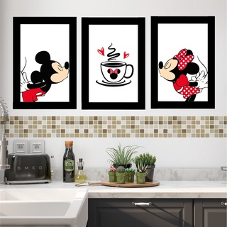 Kit Quadros Decorativos Mosaico 3 Peças Trio Minnie e Mickey CAsal Love Amor Paixão Cozinha Xicara Abstrato Vermelho Minimalista Infantil Modular Vintage