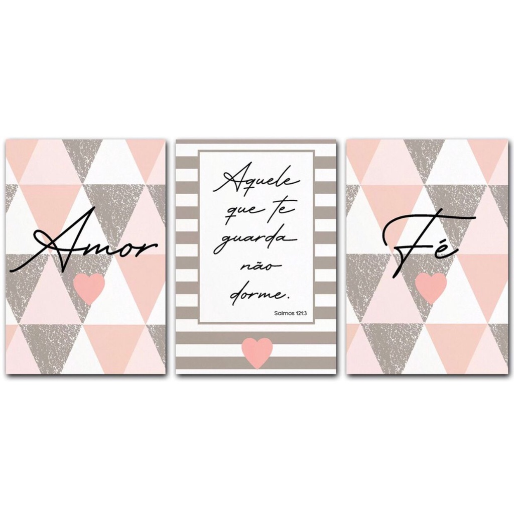 Kit Quadros Decorativos 3 Peças Frase Aquele Que Te Guarda Não Dorme Fé Religioso Religião Abstrato Vintage Sala Quarto