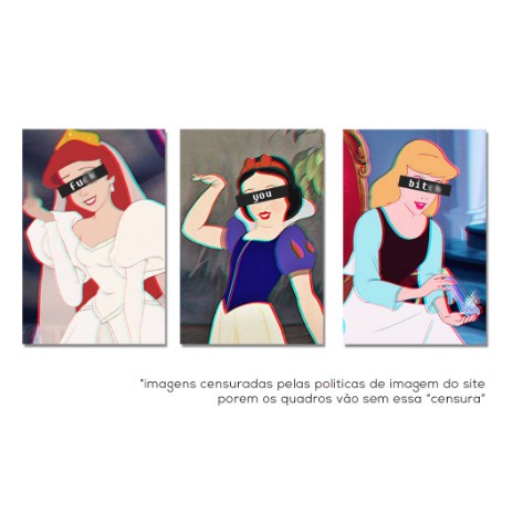 Quadro Decorativo 3 Peças Princesas Disney Ariel Branca de Neve Cinderela Moderno Frase Hipster Abstrato 3D Vintage Quarto Sala Salão Lindo Atual