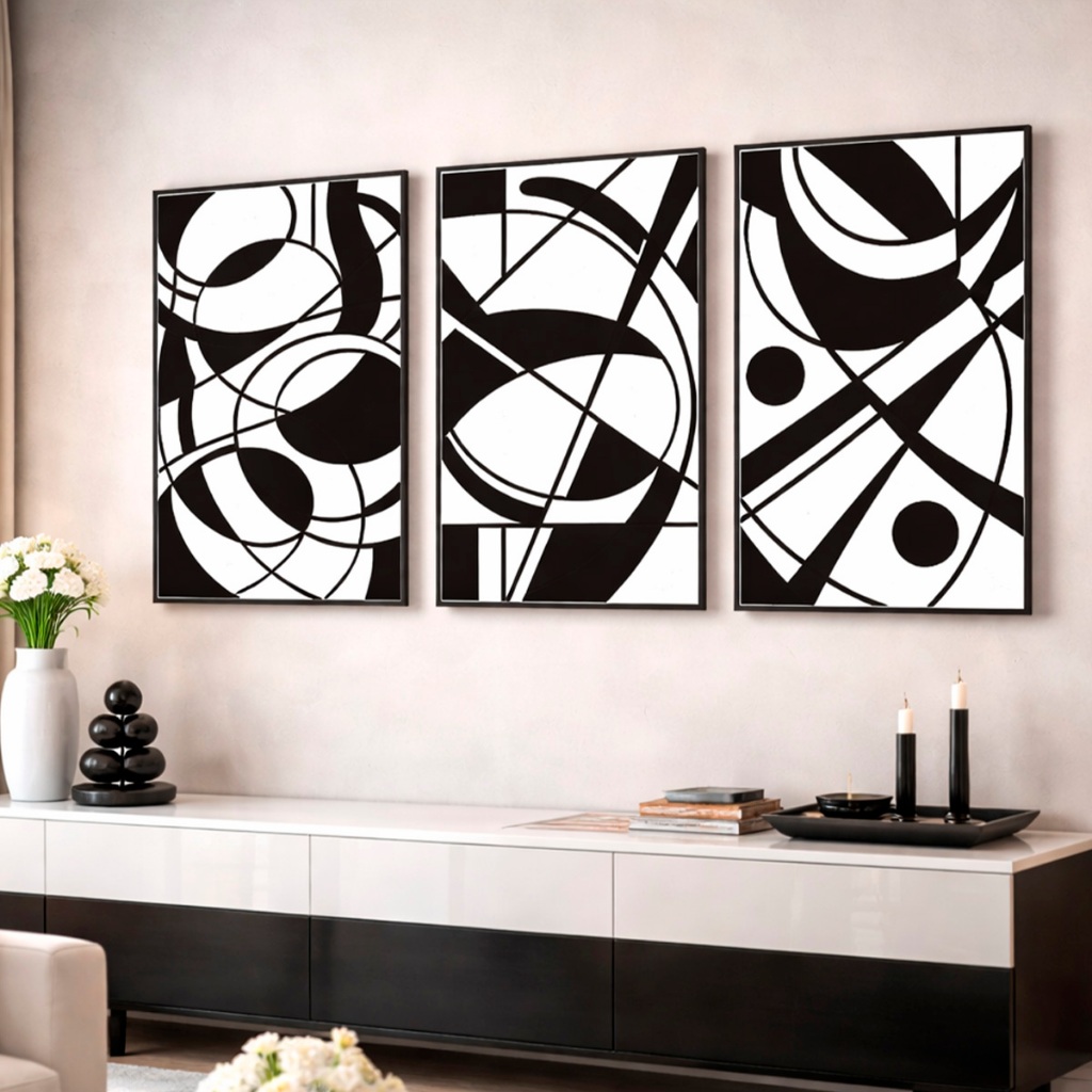 Quadro Decorativo Abstrato Branco Preto Geométrico Vintage Sala Hall