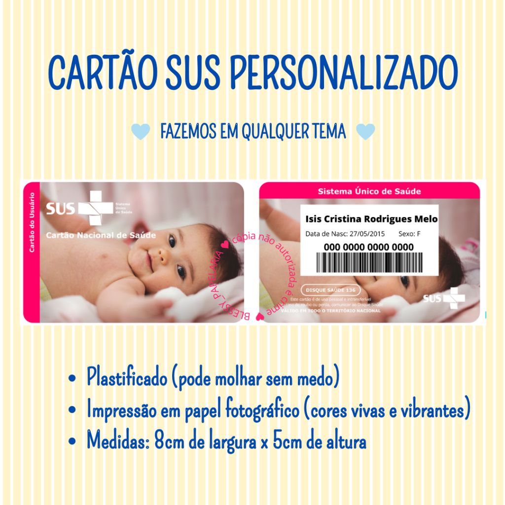 Cartão Plastificado SUS com Foto da Criança Personalizado Plastificado - Personalizamos em Qualquer tema