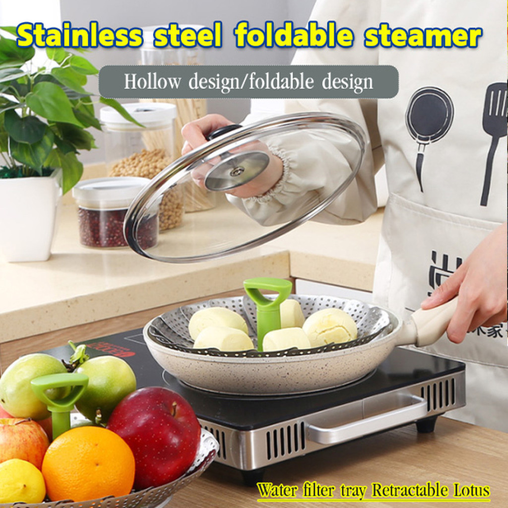 [Durable Material] Stainless Steel Steamer Basket 9-Inch/Foldable Vegetable/Dumplings Rack With Handle For Kitchen Cooki