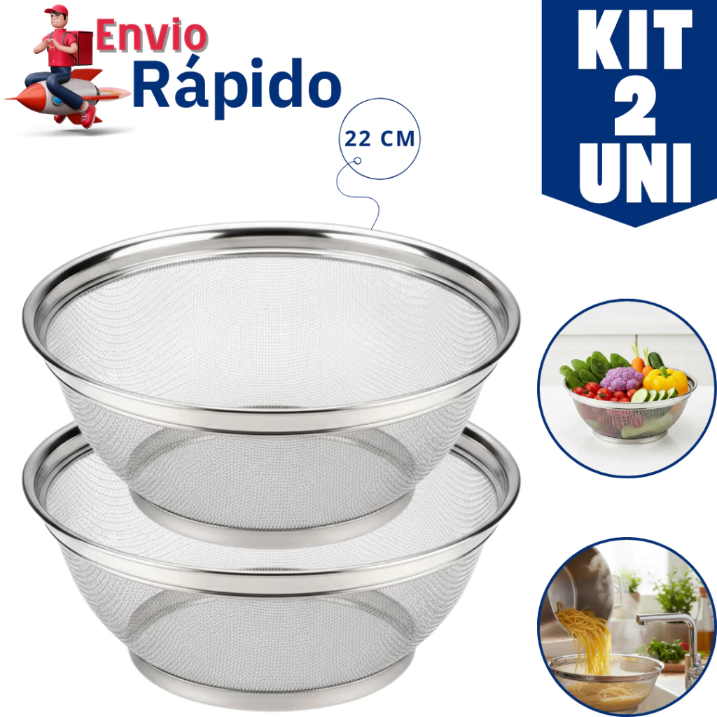 KIT 3 Stainless Steel Baskets Multipurpose Drainer 22cm Kitchen Pasta Drainer Vegetables Rice Fruit Bowl