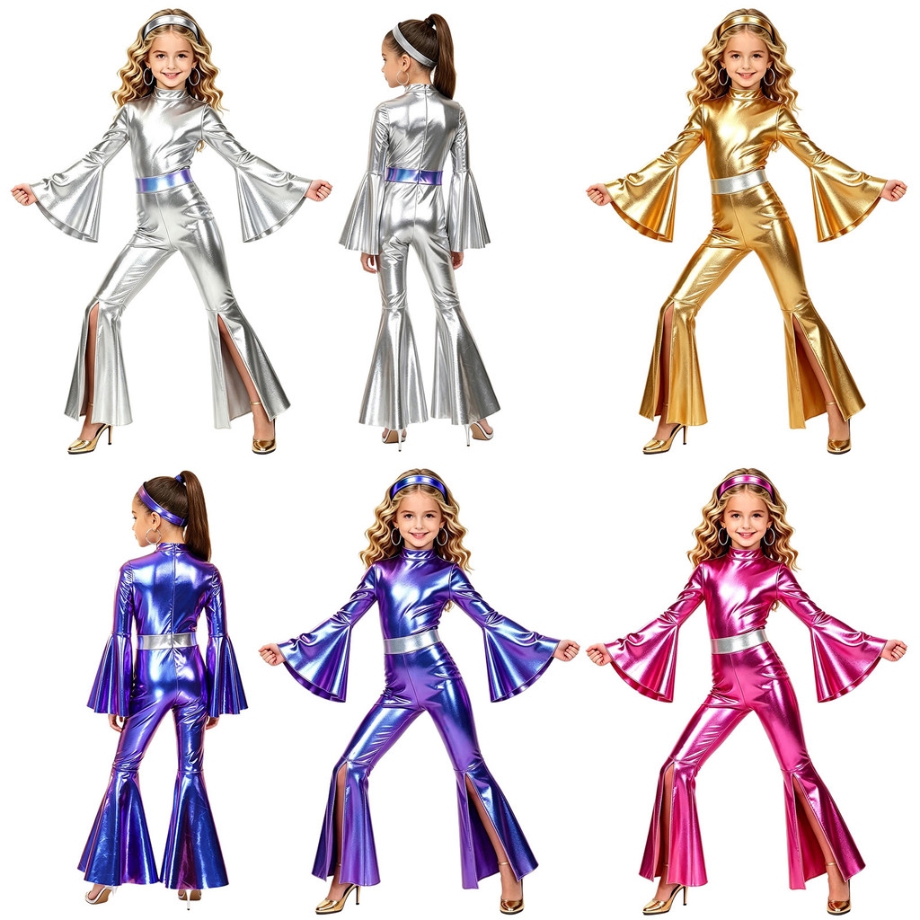 MSemis Crianças Meninas Disco Party Costume Split Bell-bottom Macacão Metálico Mangas Longas Queimadas Pescoço Mock Back