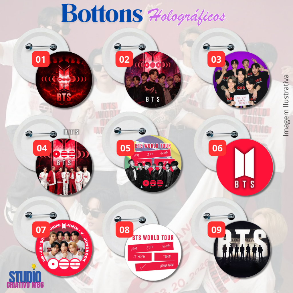 BTS World Tour - BTS We Are Back - BTS is Back - Arirang - BT21 - Bottons - Broches - Pins
