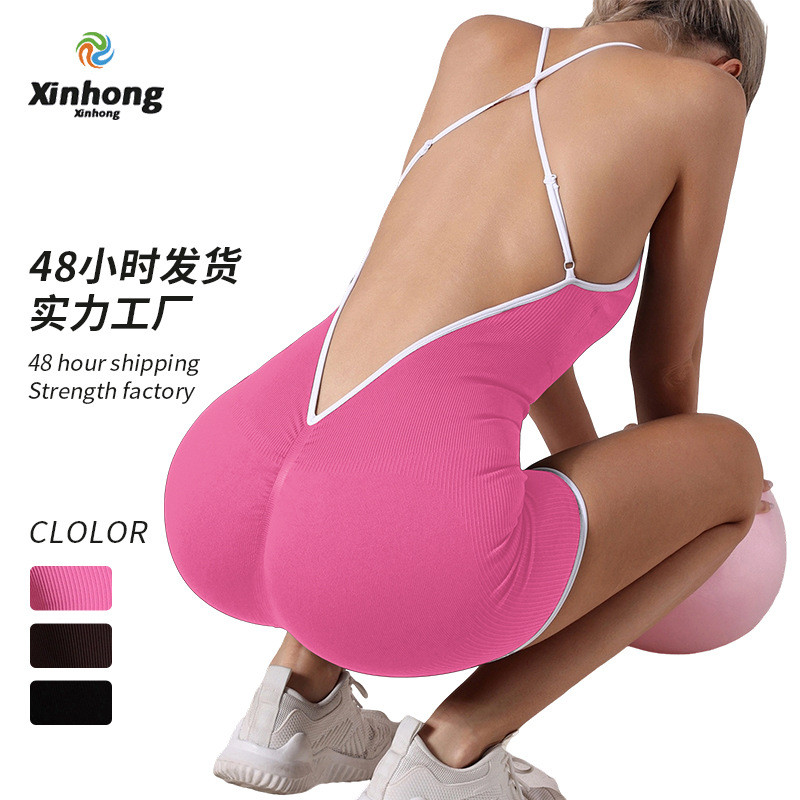 European and American Back Cross Yoga One-Piece Shorts Women's Workout Beauty Back Tights Sports Jumpsuit JEtd