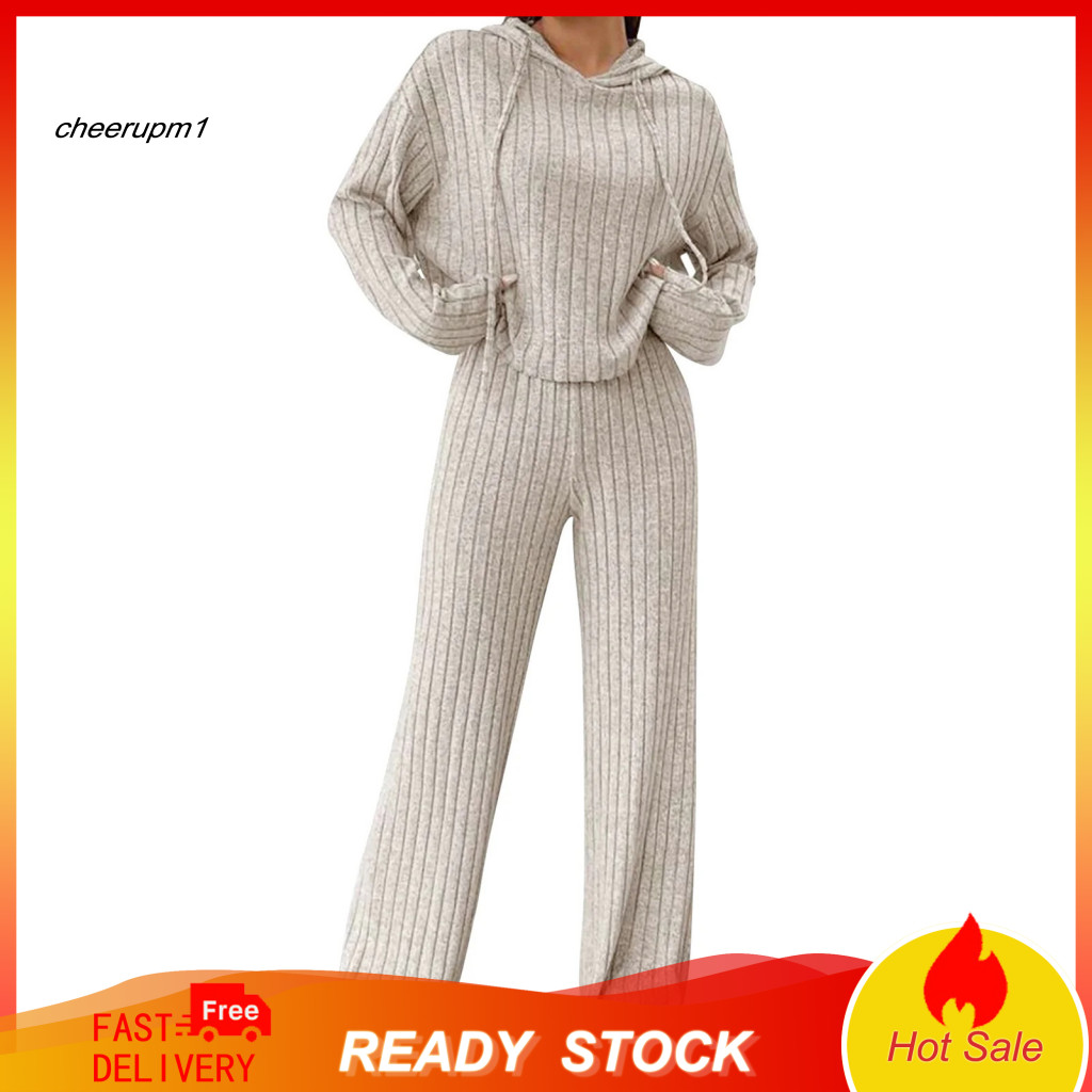 Women Hoodie Pants Suit Hooded Two-piece Sportswear 2 Pcs and Set Solid Color Long Sleeve Drawstring Top with High Waist