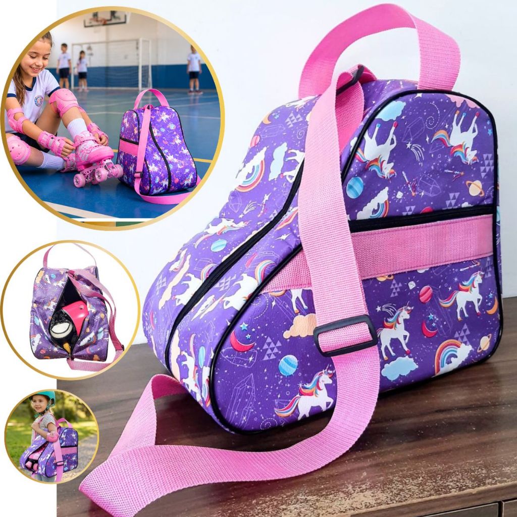 Bolsa Mochila Unicórnio Lilás /rosa, para Patins Quad Inline