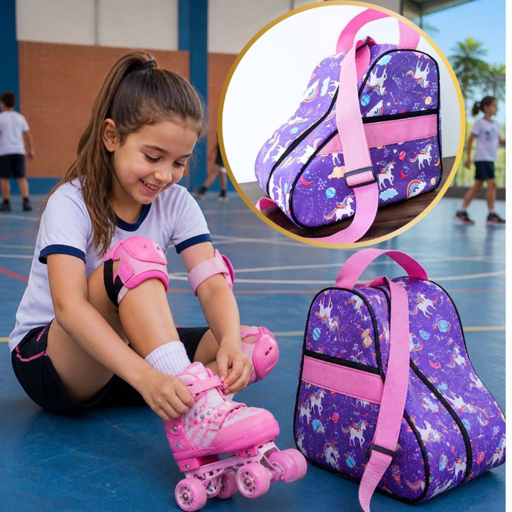 Bolsa Porta Patins Infantil Quad / In Line Unicórnio lilás / rosa