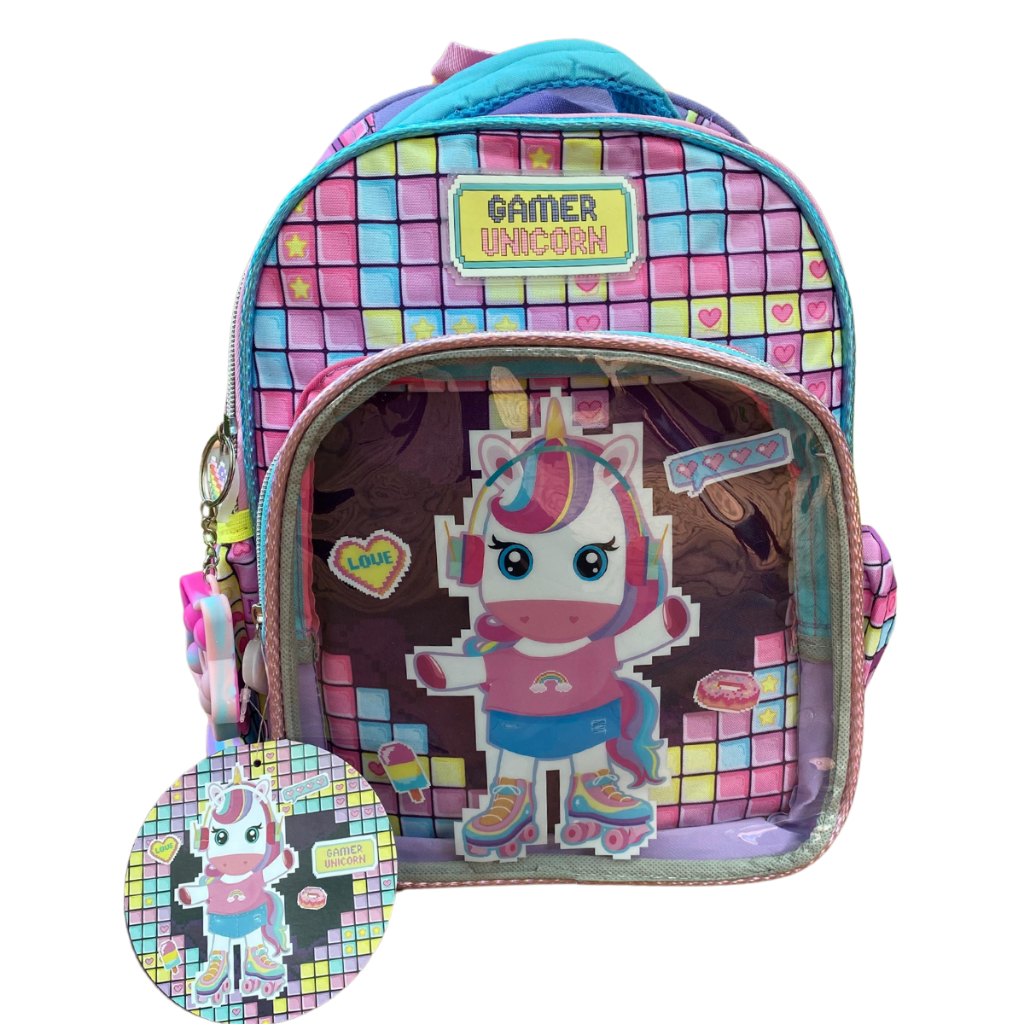 Mochila Unicórnio de Patins De Costas Creche Passeio Pequena Menina Colorido Gamer Unicorn Jogo