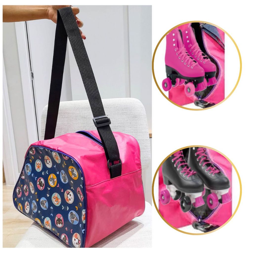 Bolsa porta patins reforçada couro sintético, para transportar guardar patins e itens de proteções
