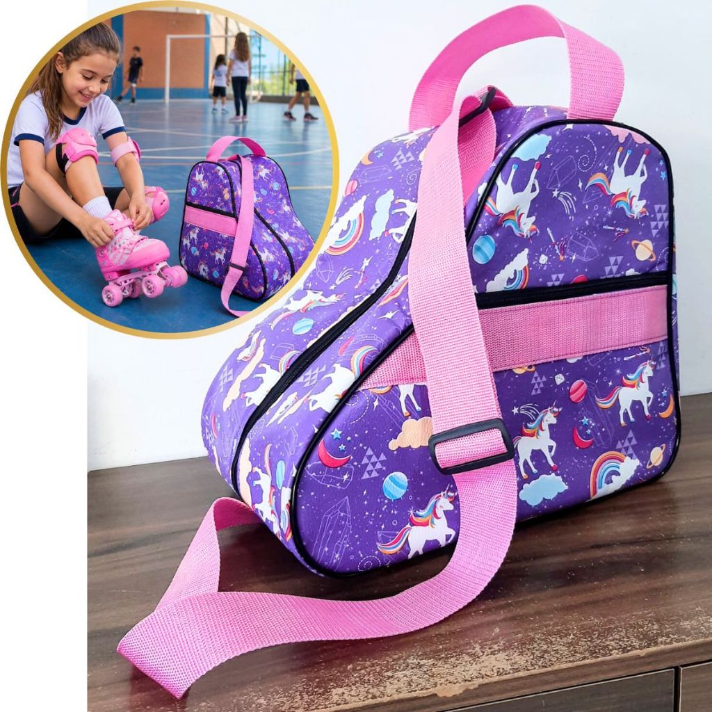 Bolsa Para Patins Infantil quad e inline roller Reforçada Estampa Unicórnio lilás/ Rosa