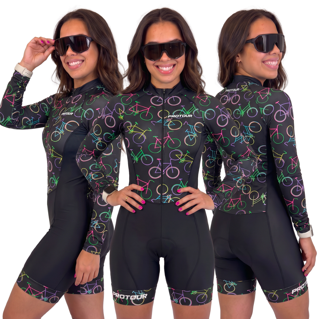 Macaquinho Ciclismo Feminino Profissional Gel Acolchoado UV Proteção MTB Speed Roda Rosa