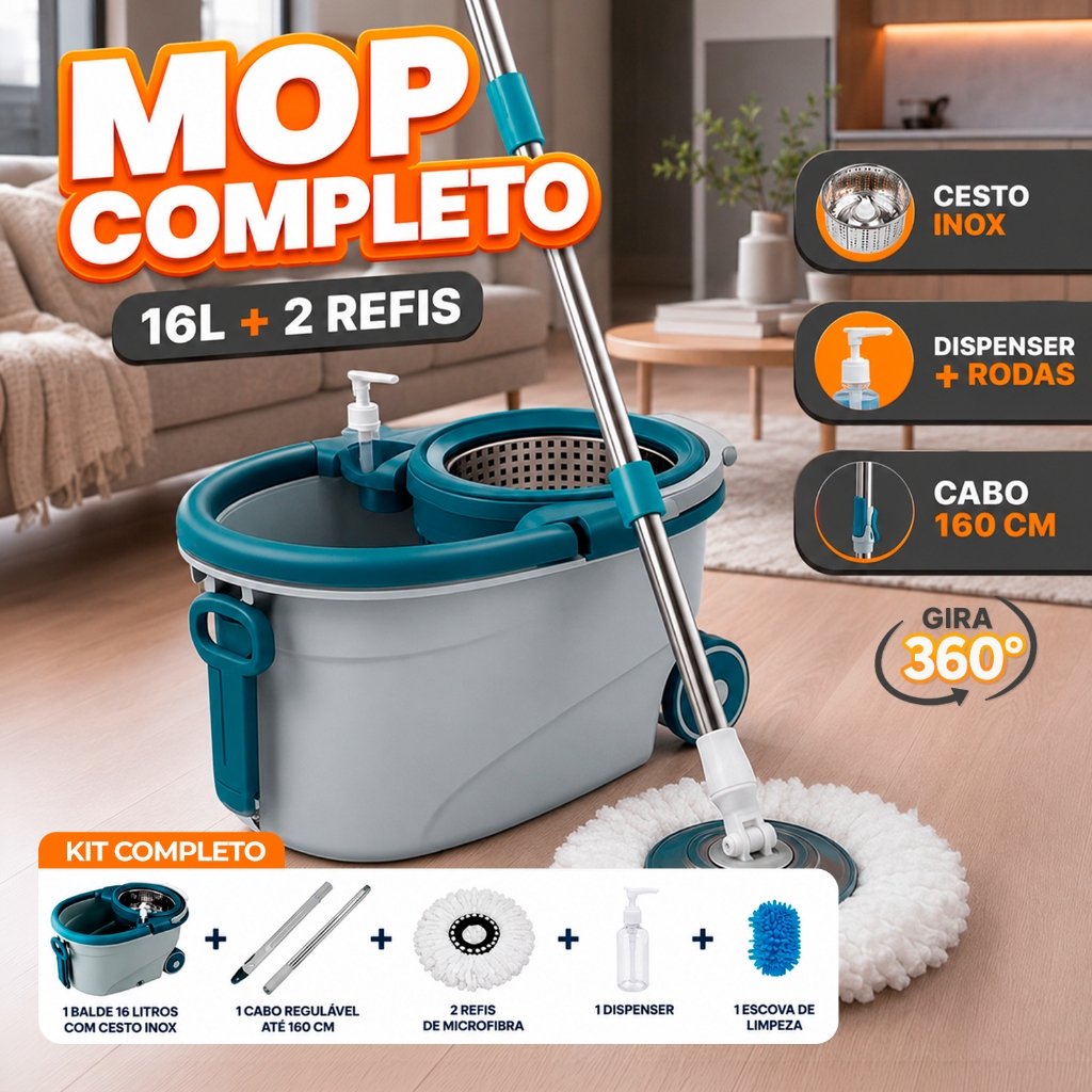 Mop Profissional Giratório 360° 16L Cesto Inox Rodas Dispenser Cabo 160cm + 2 Refis