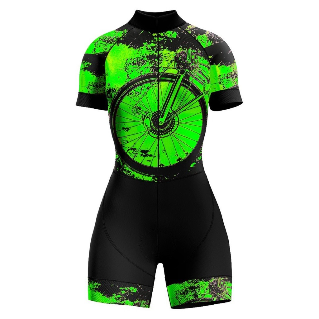 Macaquinho Ciclismo Feminino Profissional Gel Acolchoado UV Proteção MTB Speed Roda Verde