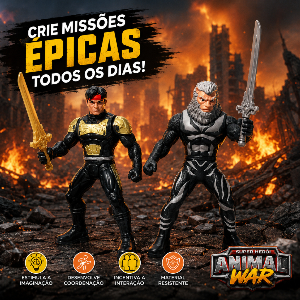 Super Heroi  Animal War  Kit 2 Bonecos Articulados Espadas Acao Diversao Crianca