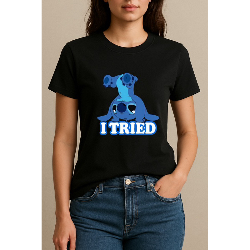 Blusa Camiseta Personalizada Personagem Stitch I TRIED Unissex Casual Confortável 100% Algodão