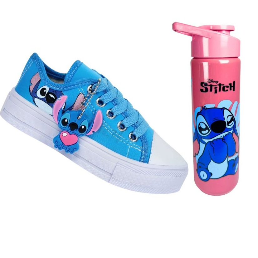 Tênis Infantil Casual Azul + Garrafa Squeeze Personagem Lilo & Stitch - Confortável e Estiloso