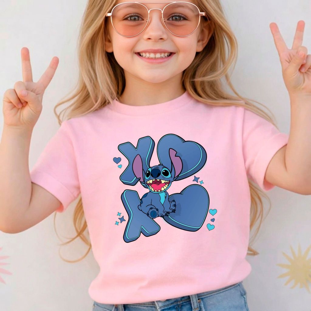 Camiseta Infantil Menina Desenho Lilo & Stitch 100% Algodão Confortável Casual Dia a Dia