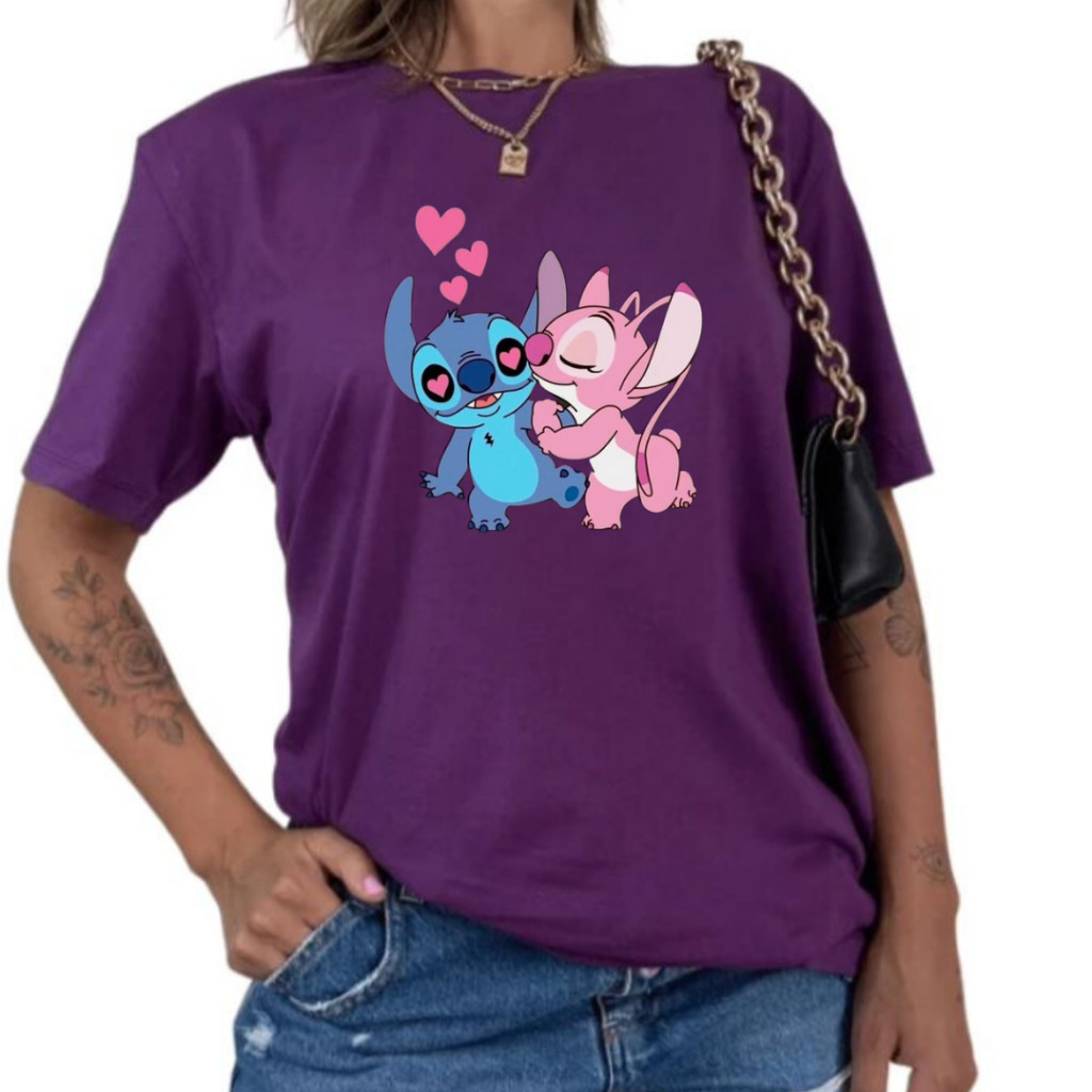 Camisa Básica Stitch Apaixonado Camiseta Personagens de Desenho Malha 30.1 Casual Estampas Criativas.