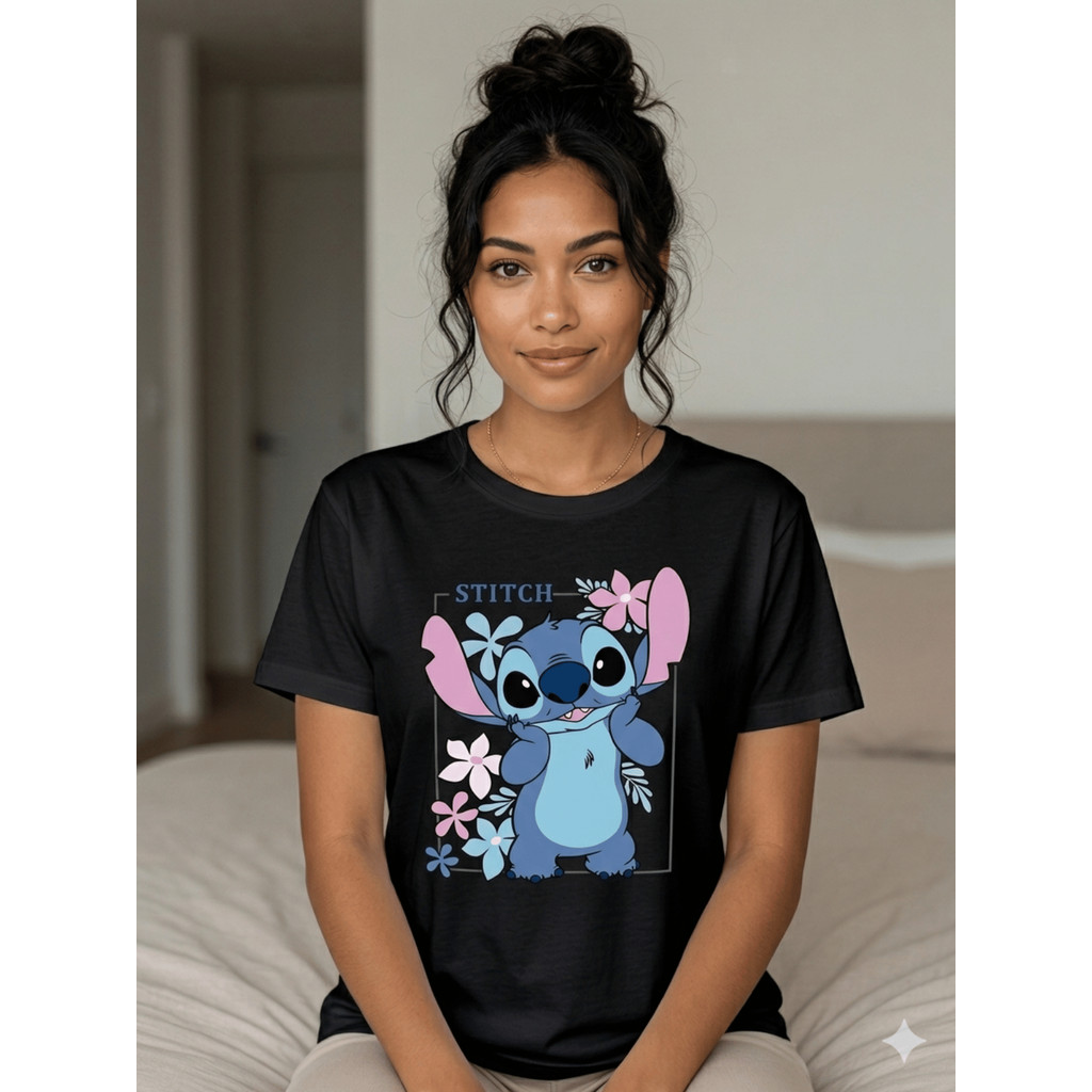 Camiseta Feminina Stitch Floral Estampada Manga Curta Casual Confortável Personagem Moda Feminina
