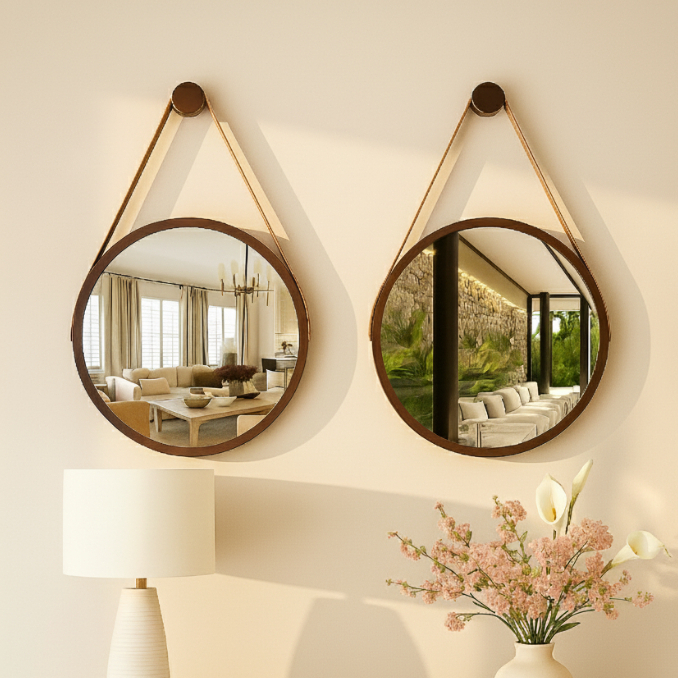 Kit 2 Espelhos Redondos Decorativos 30cm Adnet Suspenso com Alça Suporte Marrom/Caramelo