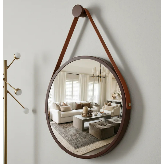 Espelho Redondo Adnet Decorativo Suspenso com Alça 50cm + Suporte Marrom com Alça Caramelo