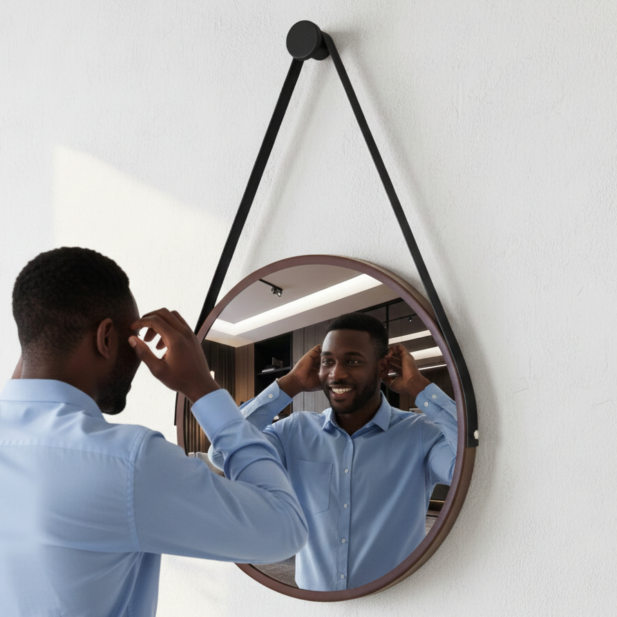Espelho Redondo Adnet Decorativo Suspenso com Alça 60cm + Suporte Marrom com Alça Preta