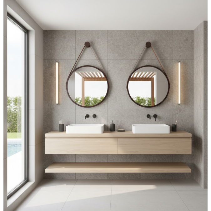 Kit 2 Espelhos Redondo Adnet Decorativo Suspenso com Alça 60cm + Suporte Marrom com Alça Caramelo