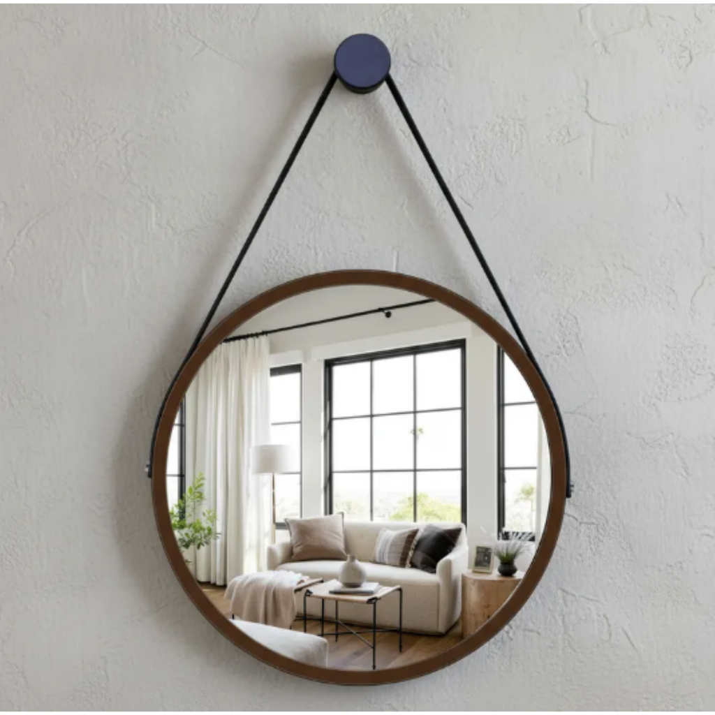 Espelho Redondo Adnet Decorativo Suspenso com Alça 50cm + Suporte Marrom com Alça Preta