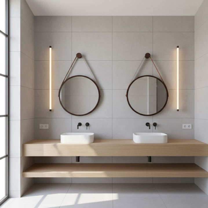 Kit 2 Espelhos Redondo Adnet Decorativo Suspenso com Alça 40cm + Suporte Marrom com Alça Caramelo