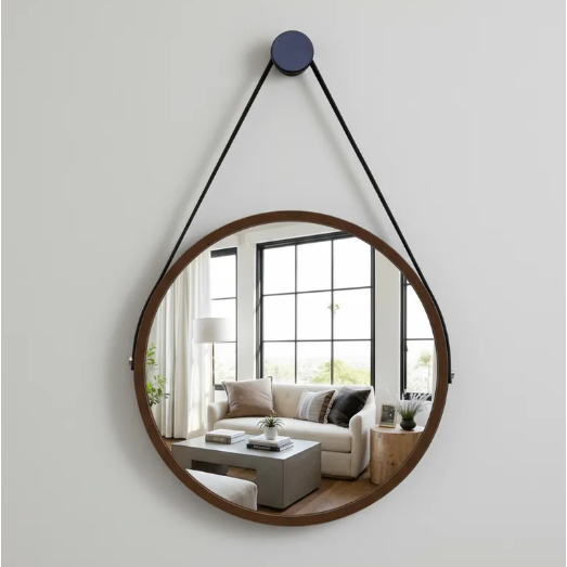 Espelho Redondo 30cm com Suporte Decorativo Suspenso Adnet Marrom e Alça Preta