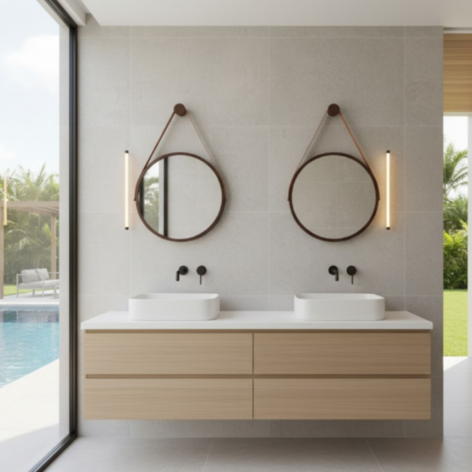 Kit 2 Espelhos Redondo Adnet Decorativo Suspenso com Alça 50cm + Suporte Marrom com Alça Caramelo