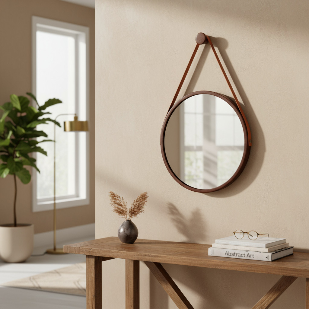 Espelho Redondo Decorativo Suspenso Alça 30cm - Preto ou Marrom - Moderno