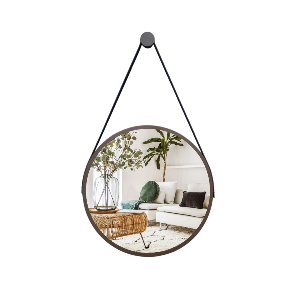 Espelho Redondo Adnet 30cm Marrom Suspenso Parede Decoração Sala Quarto Com Alça Preta Reduna