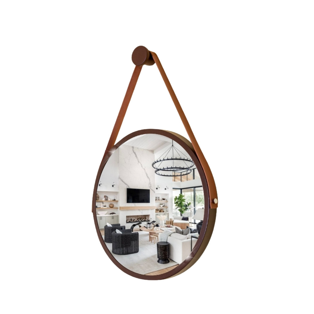 Espelho Redondo Adnet Decorativo Suspenso Marrom Alça Caramelo 40cm Banheiro Alta Qualidade Reduna