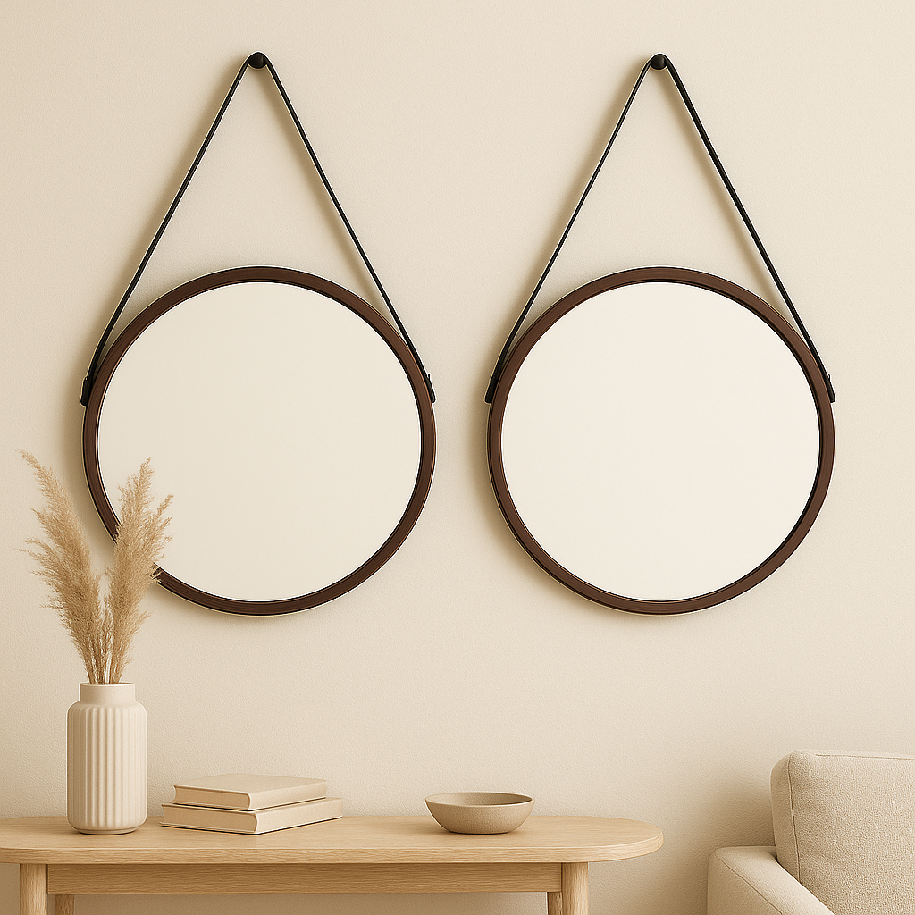 KIT COM 04 ESPELHOS SUSPENSO MARROM/PRETO 45CM ALÇA COURO SINTÉTICO DECORAÇÃO, AMBIENTES, LINDO
