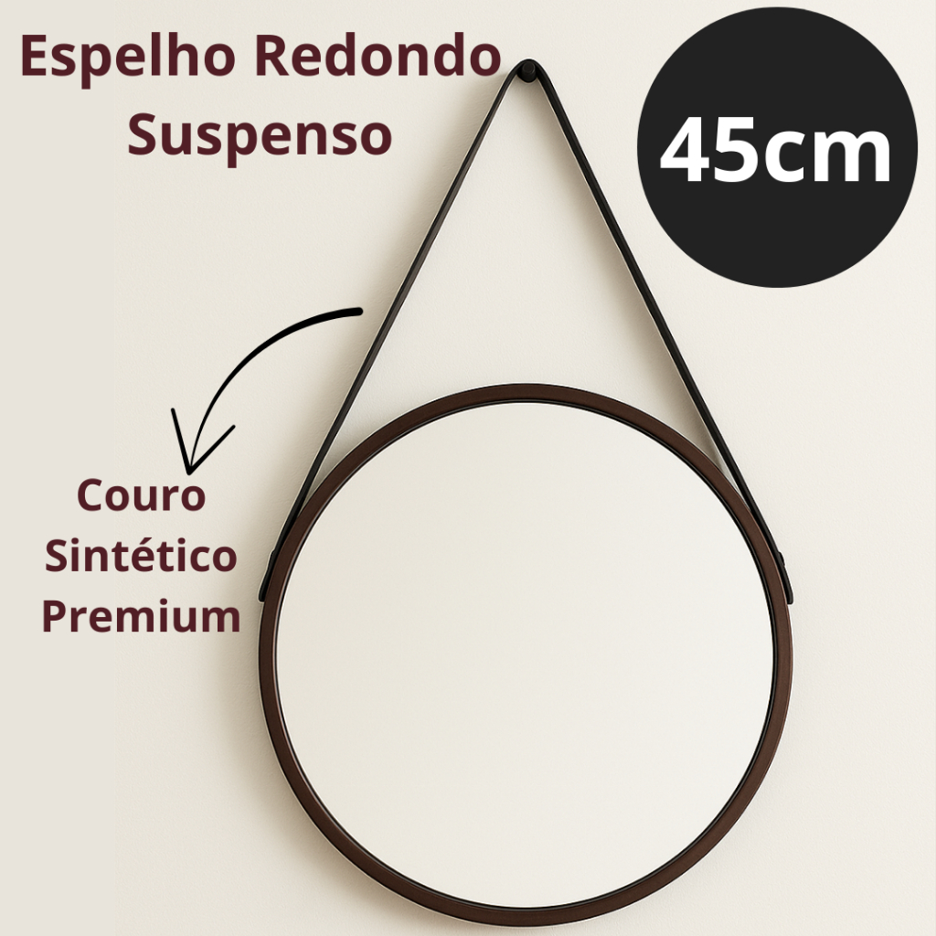 ESPELHO SUSPENSO MARROM 45CM C/ ALÇA EM COURO SINTÉTICO DECORAÇÃO, AMBIENTES, LINDO E RESISTENTE