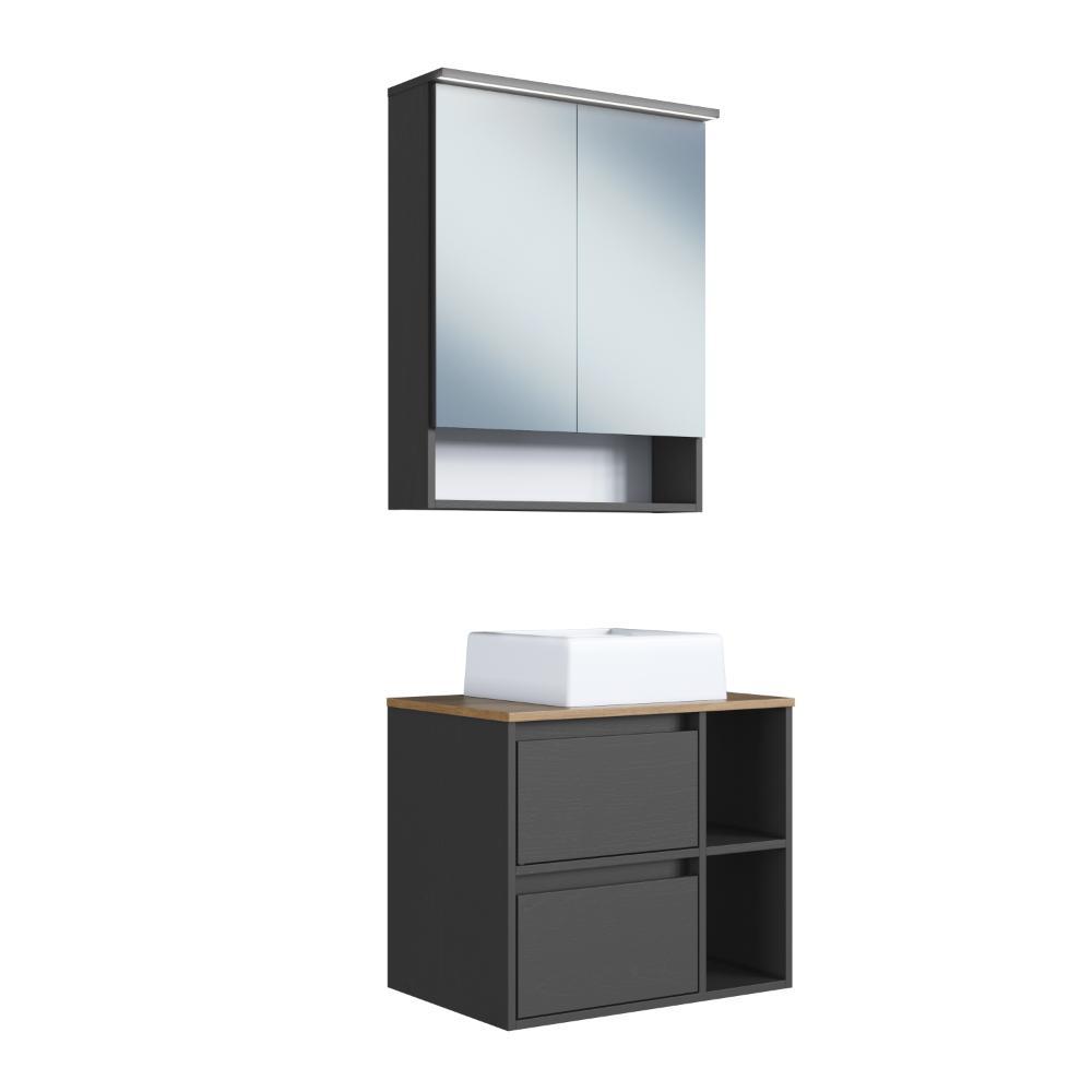Conjunto para Banheiro ProDecor  Marrom e Grafite com Cuba Espelheira LED e Gabinete Suspenso