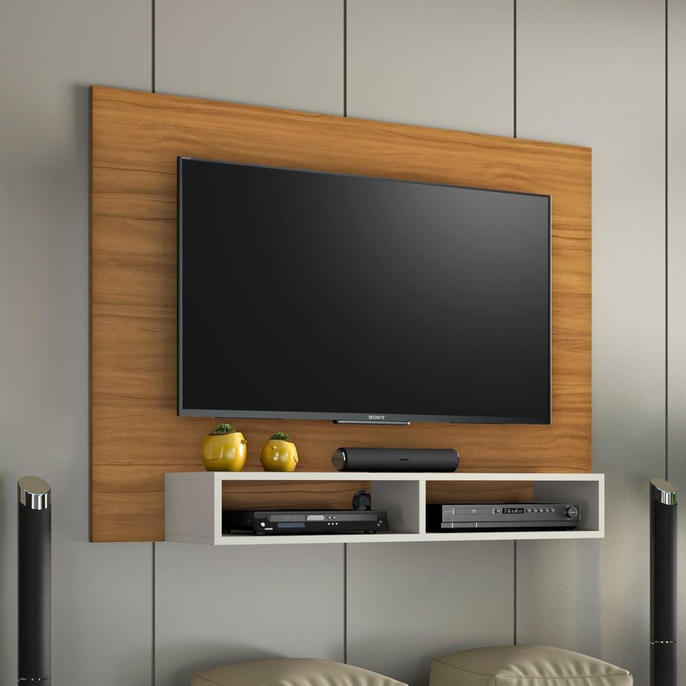 Painel Home Suspenso Para TV Até 49 Polegadas 2 Nichos Sala de Estar Marrom Madeira e Off White