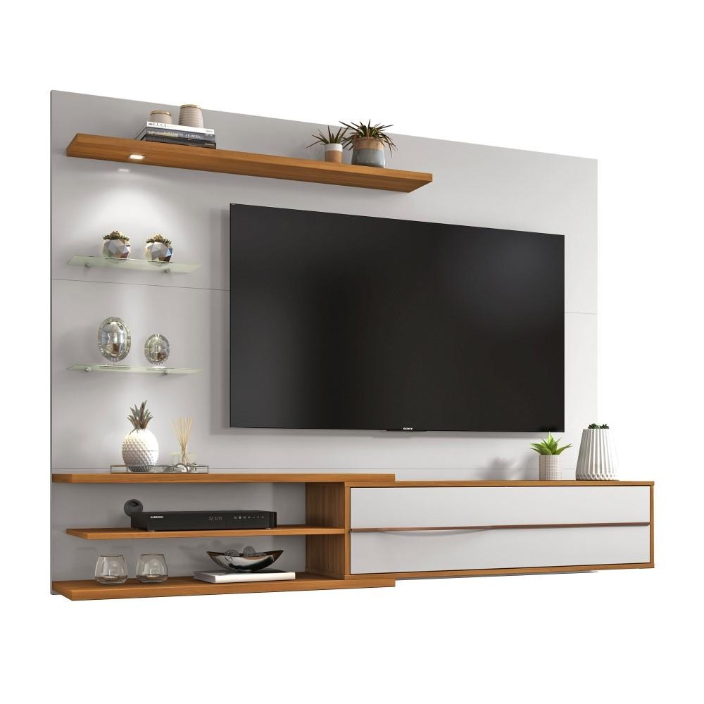 Painel Suspenso para Sala TV 1 Porta 4 Prateleiras Luz LED Sala de Estar Off White e Marrom Madeira