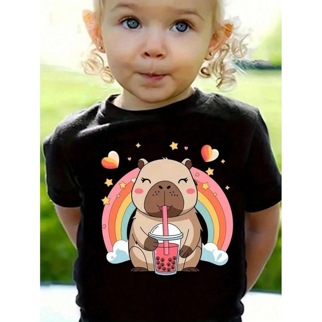 Camiseta Infantil Capivara Arco Iris Blusinha Básica Meninas Estampa Personalizada