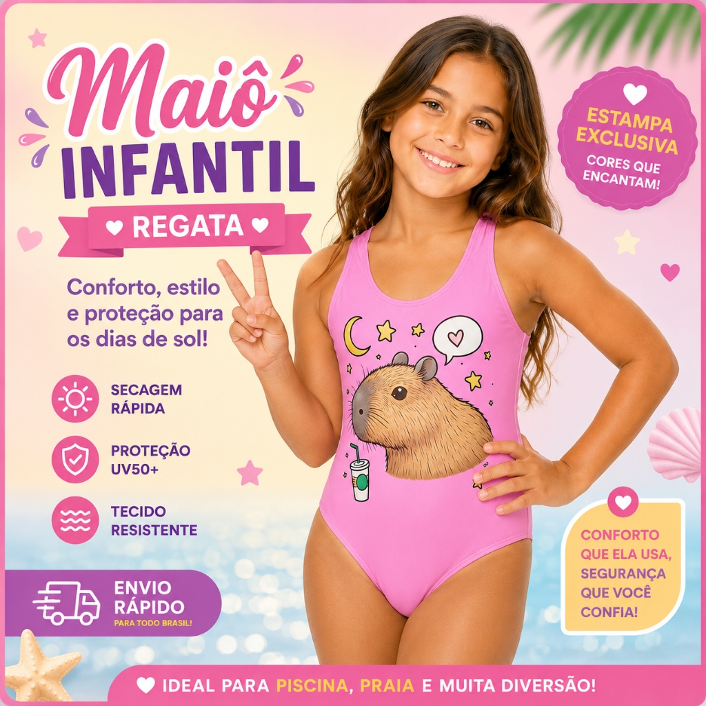 Biquini Maiô Infantil Menina Feminino Moda Praia Natação Banho Estampas de Capivara Uv50+