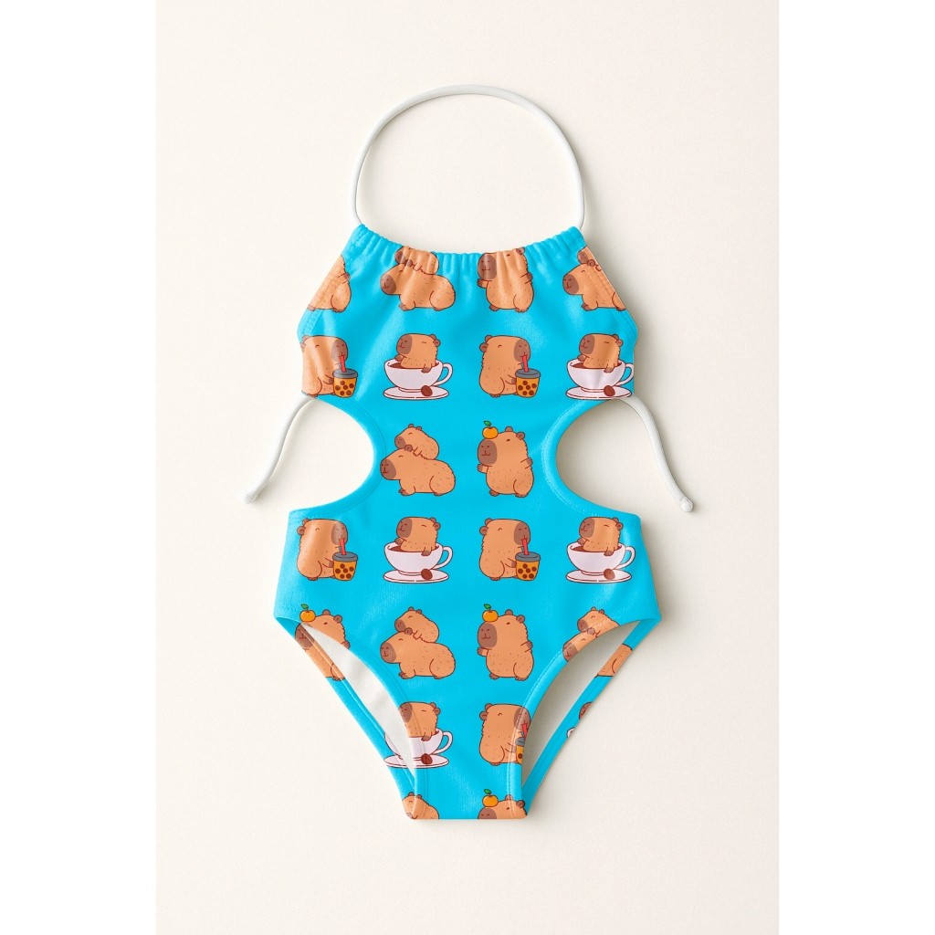 Maiô Infantil Frente Única Menina Feminino Moda Praia Natação Banho Estampas De Capivaras UV50+