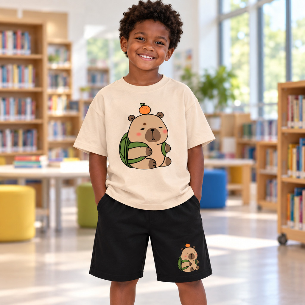 Conjunto Masculino Infantil Estampa Capivara Laranja 372 Moda Adolescente Lindo Kit Camiseta Short