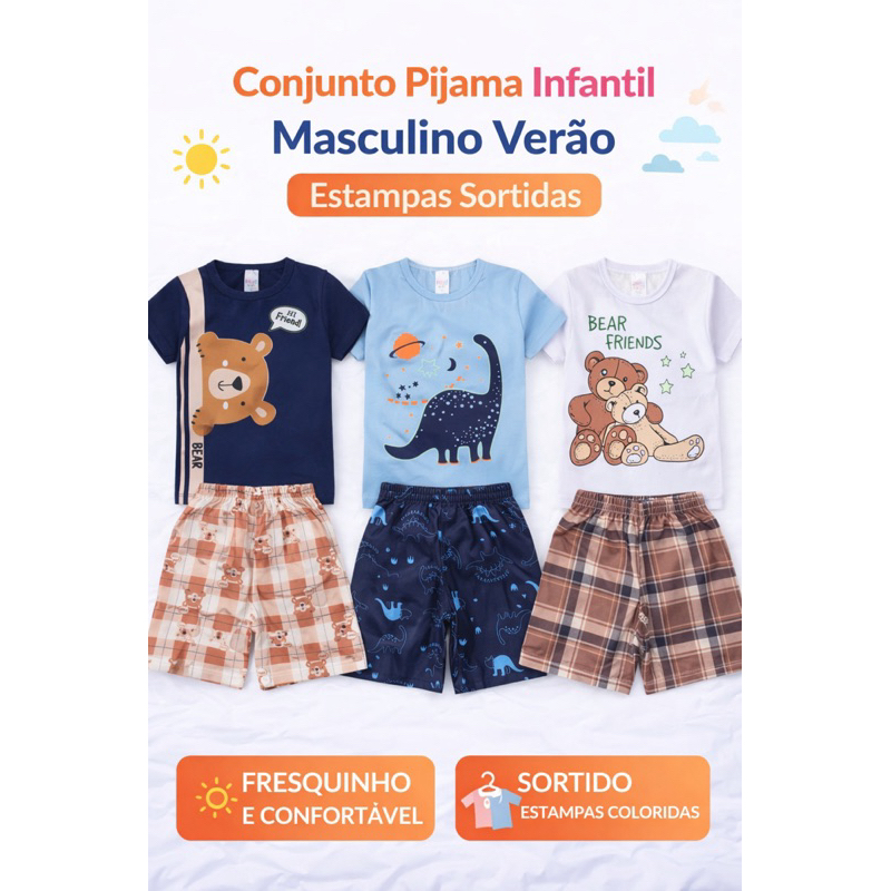 Conjunto Pijama Infantil Masculino Verão Menino☀️ Leve, Fresquinho e Barato | 1 ao 14 Estampas Sortidas